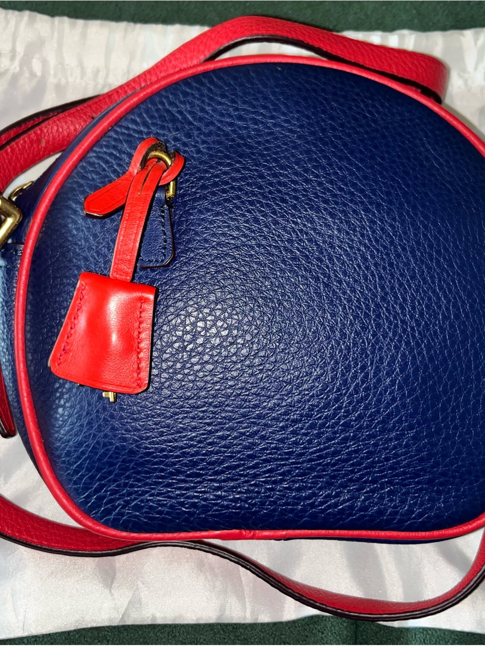 J. Crew Navy and Red Pebbled Leather Round Crossbody